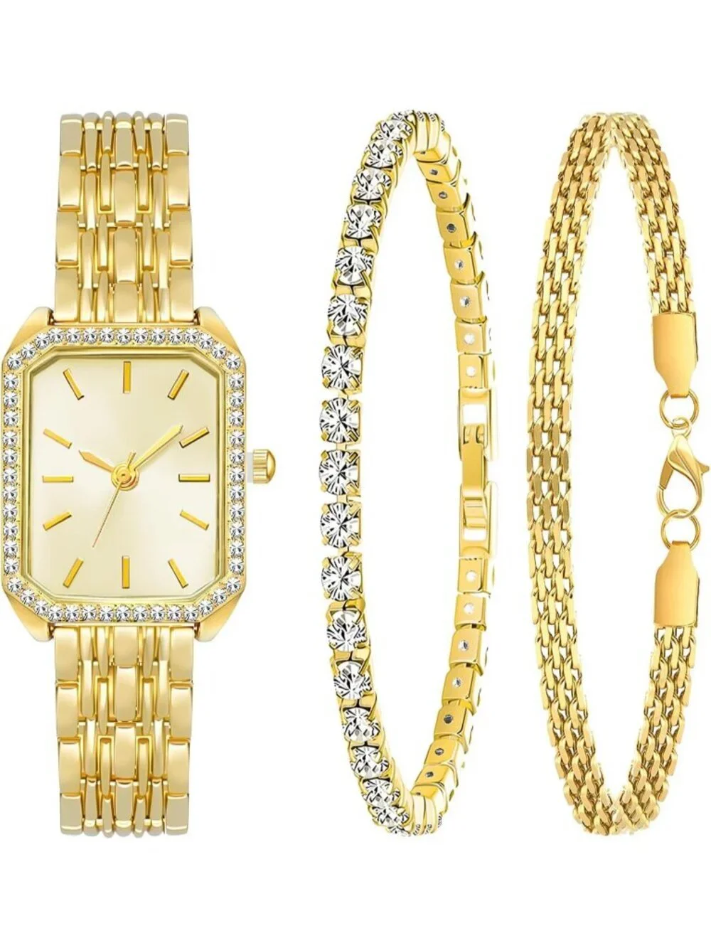 Women All Gold Jewelry Stainless Steel Diamond Bangle Bracelets Set Square Watch